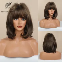 BLONDE UNICORN Straight Synthetic Short Bob Wig Dark Brown with Bangs Lolita Party Daily Hair Wigs For Women Heat Resistant