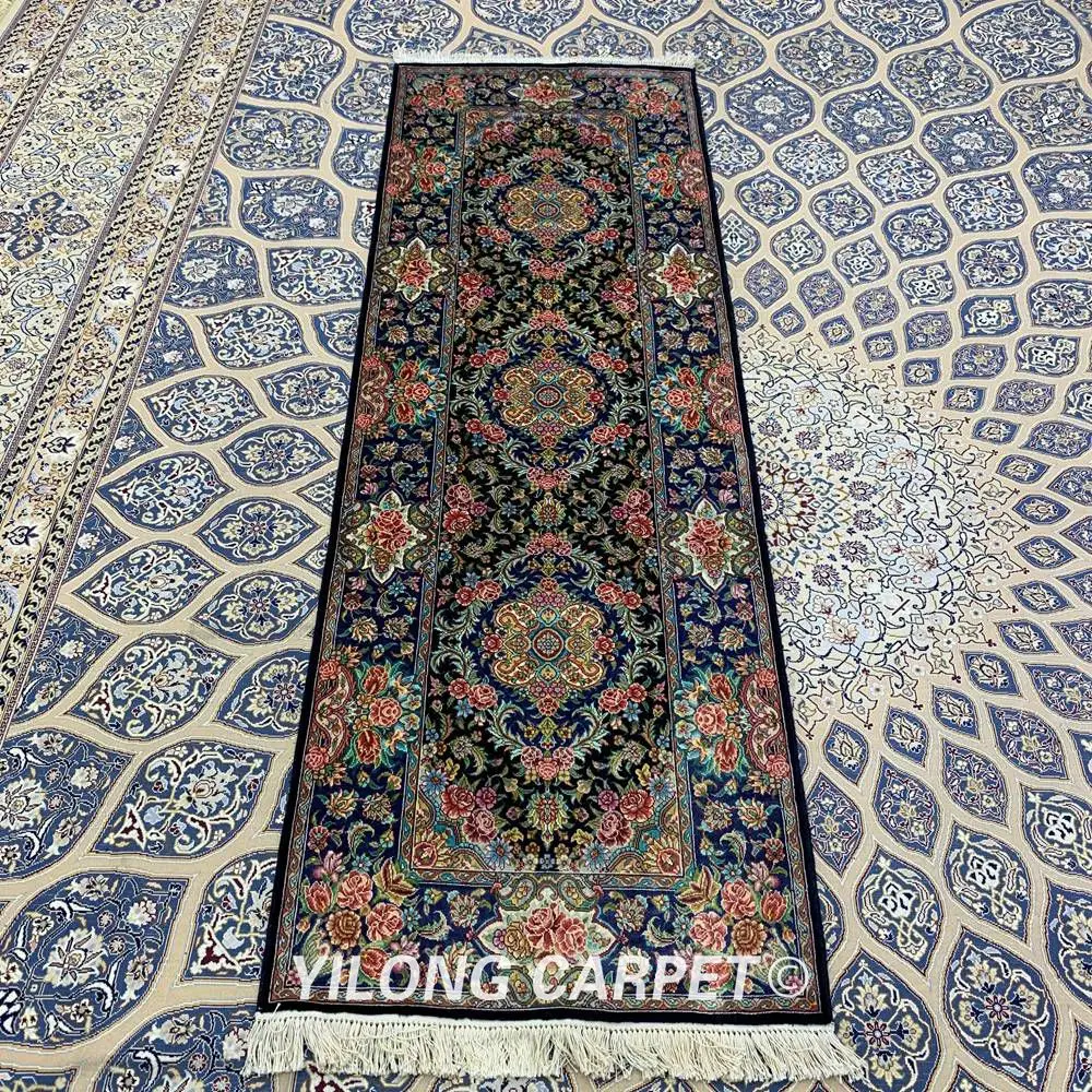 Yilong 2,5 'x7. 5' восточные Шелковые Ковровой Дорожкой темно-синие Изысканные Ручной работы Восточный ковер runner (0373)