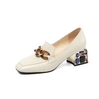 

Sweet chain Genuine Leather Shoes For Ladies Top Quality High Heels Pumps 2020 Summer Working Shoes Woman Heels