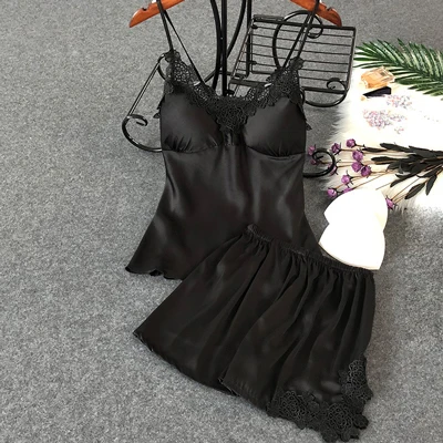 black 2piece Сексуальный пижамный комплект, ночное платье-комбинация для женщин, атласная пижама, домашняя одежда, домашняя одежда, вышивка, Пижама для сна - Цвет: black 2piece