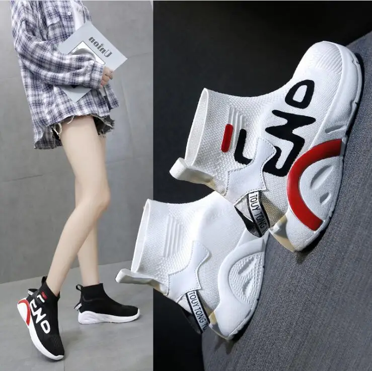 

Tretch Socks Shoes Women 2020 Autumn/winter Air Knitted High-top Casual Shoes Outdoor Running Letter Printing Women Flat Shoes