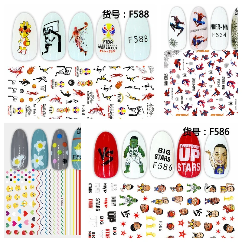 1 лист, баскетбольное карри, Человек-паук, яйцо-пашот, НЛО, Мода Париж, для девушек, клей, наклейки для ногтей, украшения, маникюрные советы F