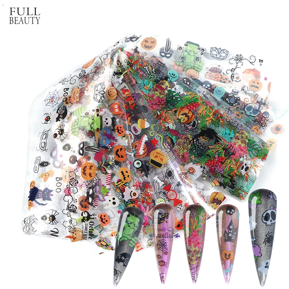 

10pcs Nail Art Transfer Stickers Halloween Pattern DIY Nail Decoration Pumpkin Adhesive Nail Decals UV Gel Polish Manicure Tips