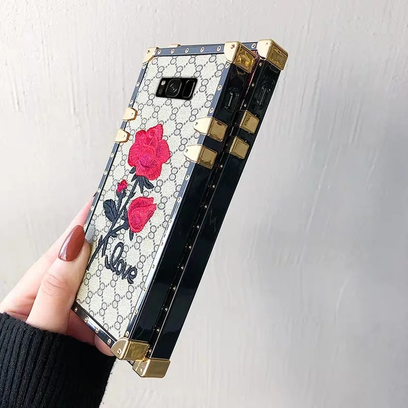 For Samsung Galaxy S10 S9 S8 Plus Note 9 A50 A70 Square Back Cover 3D Embroidery Rose Flower Phone Case Luxury Metal Rivet Frame