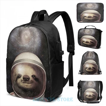 

Funny Graphic print Space Sloth USB Charge Backpack men School bags Women bag Travel laptop bag