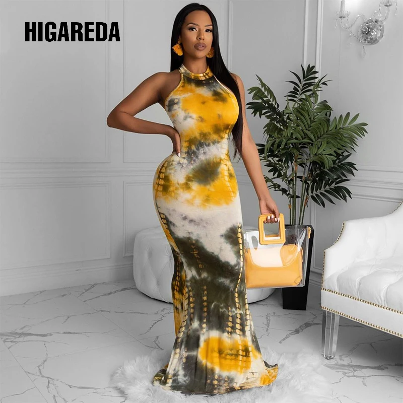 

HIGAREDA 2020 halter sleeveless tie dye print bodycon long dress summer women fashion streetwear outfits party elegant clothing