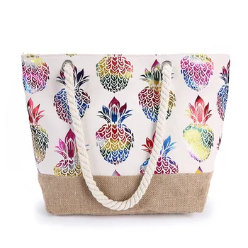 

Women Canvas Straw Shoulder Bag Colorful Pineapple Printed Tote Handbag Large Natural Linen Jute Beach Bag for Girl Shopping