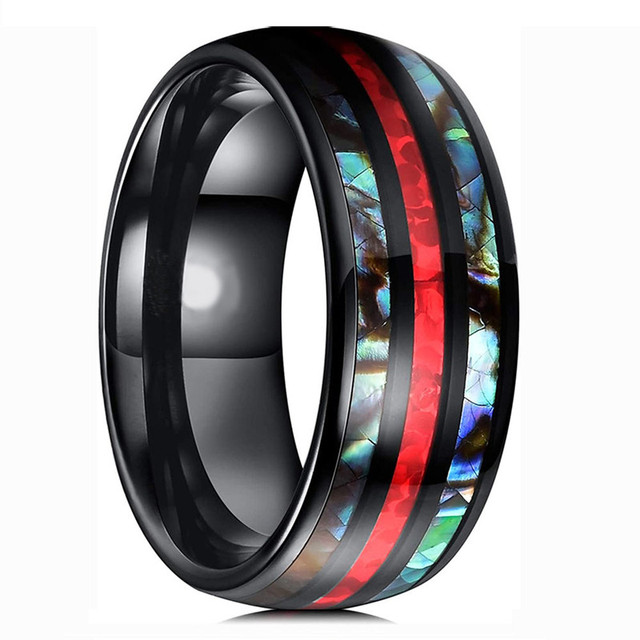 Styles Men Blue Grooved Black Stainless Steel Ring Koa Wood And Abalone Shell Inlay Arrow Red Meteorite Ring Men Wedding Band