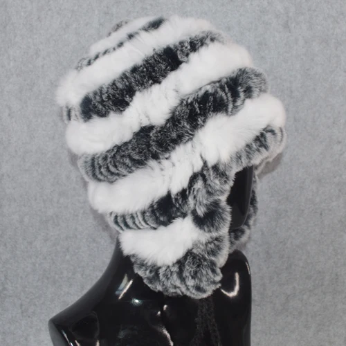 gray and white Уличные эластичные вязаные шапки из меха кролика Рекс, зимние женские шапки, настоящий мех кролика, шапка, Настоящая Натуральная шапка из меха кролика рекс - Цвет: gray and white