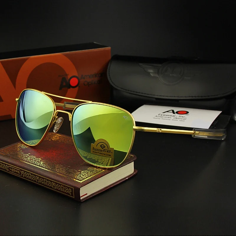 Pilot Sun glass es мужские высококачественные брендовые дизайнерские AO зеркальные солнцезащитные очки es для мужчин американская армейская Военная оптическая стеклянная линза YQ1001 - Цвет линз: YQ1001 gold-yellow