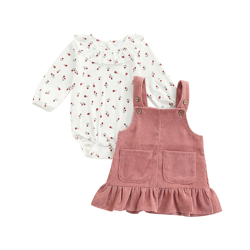 Infant Baby Girls Suit Spring Autumn Long Sleeve Floral Printed Romper Tops + Solid Color Ruffled Dress