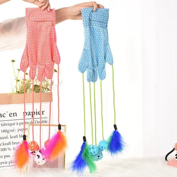 

Pet Cat Interactive Teaser Glove Toy With Bell Balls Feather Cartoon Doll Toy Durable Cat Training Toys Katten Speelgoed