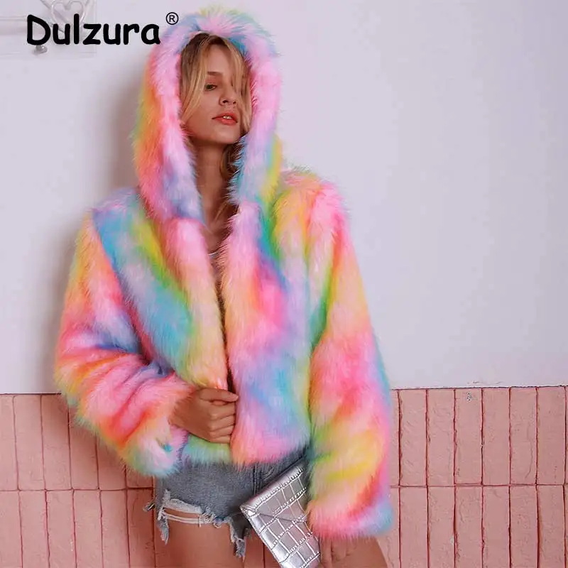 

Youth Girls Rainbow Hooded Faux Fur Jacket Coats 2019 Autumn Winter Thick Warm Fluffy Overcoat Fashion Street Outerwear