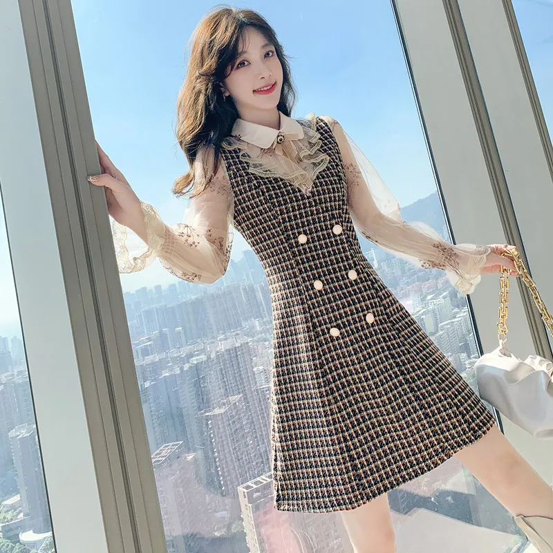 

2021 Autumn Sequin Embroidery Mesh Stitching Houndstooth Dress Women's double breasted Doll Collar Ruffles Chic Dress