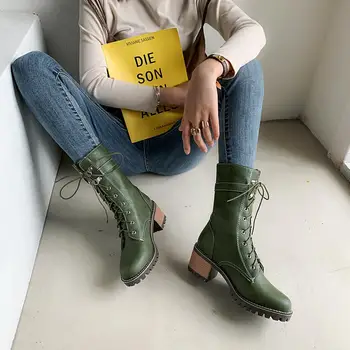 

Casual Head mid-calf Round Boots Lace-up Rivet Platform Black Green Yellow Brown High Heels Thick Riding Boots Women's Shoes