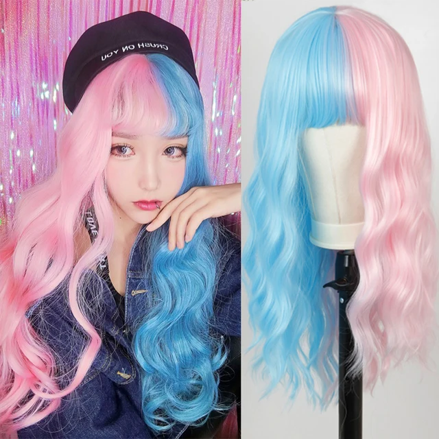 Synthetic Hair Pink and Black Wig Long Straight hair Cosplay Wig Two Tone Ombre Color Women Wigs P12/613