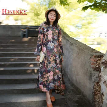 

Hisenky 2019 Winter Women Fleece Qipao Dress Chinese Traditional Long Cheongsam Floral Maxi Dresses Cotton Robe Femme Gown