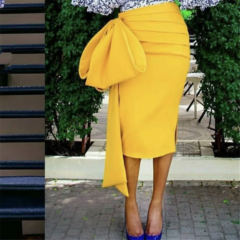 

Ruched Yellow Skirt Bow Knot Side