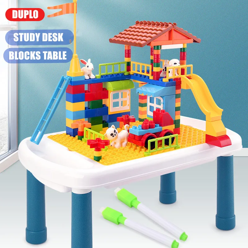 

Duplo Table Building Blocks for Kids Compatible Hollow Bricks Desk Multifunctional Learning Desk Study Table Toys for Children