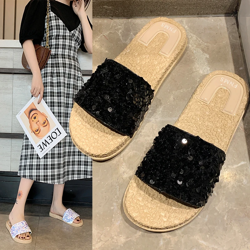 

2020 Glitter Slippers Women Summer Sandals Fashion Bling Female Candy Color Flip Flops Beach Diamond Flat Shoes Outdoor Sandals