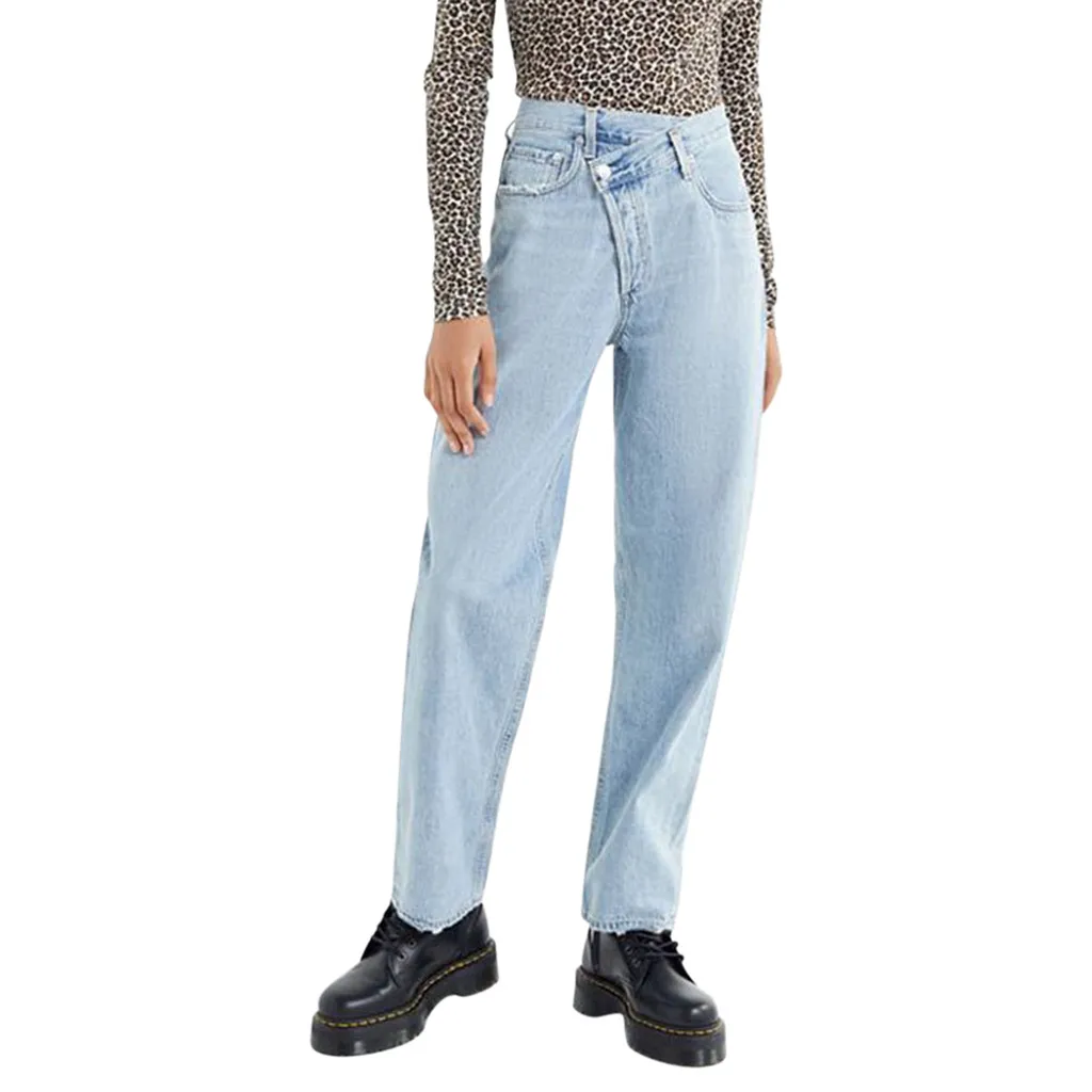 Новинка, женские прямые свободные повседневные джинсы с карманами и пуговицами на молнии, модные тонкие широкие брюки# XM