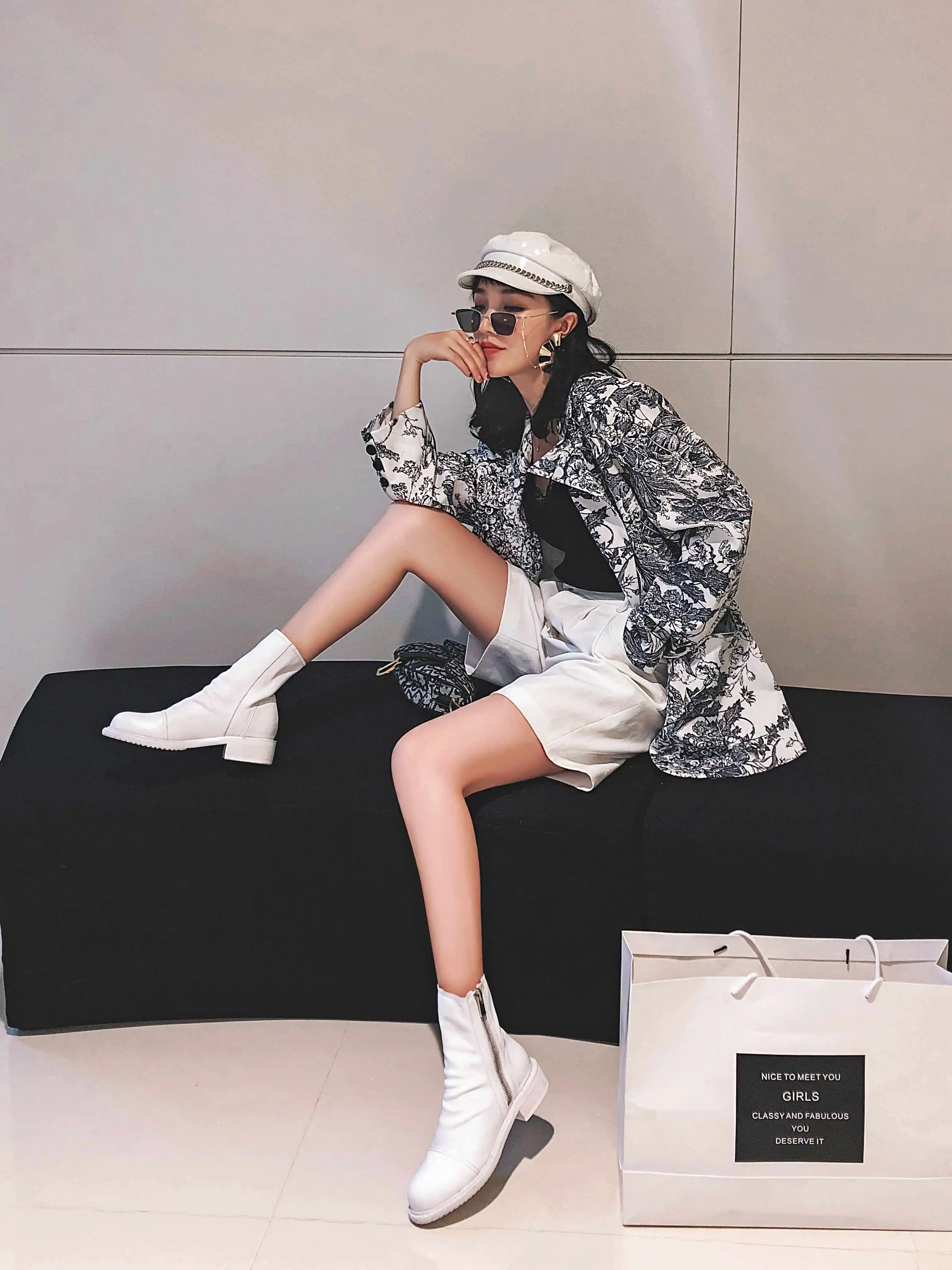 krazing pot pleated sheep leather superstar low heel western round toe zipper personalized design wear mid-calf boots l09
