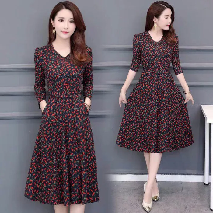 

Kuotaitai Dress Spring And Autumn 2019 New Style Korean-style Floral-Print Long Sleeve Large Size with Overcoat of Dress Elegant