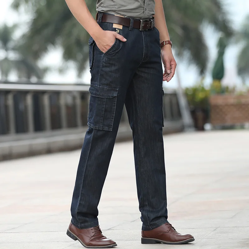 Men's Military Jeans Pants Workwear Multi-pockets Cargo Denim Trousers Men Casual Classic Straight Mid Waist Thick Cotton Jeans