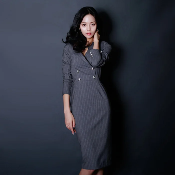 

Autumn Korean-style Slim Fit Slimming Elegant Stripes Business Commuting Ol Suit Collar Long Sleeve Sheath Dress Women's