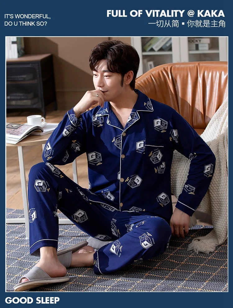 mens sleep wear 2021 Spring Autumn Korean Print Long Sleeve Pajama Sets for Men Soft Sleepwear Suit Pyjama Male Loungewear Homewear Home Clothes cotton pyjamas
