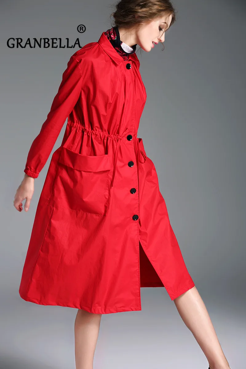 

New Spring and Autumn British Women's Windbreaker Maxi Plus Size Coat Slim Solid color big pockets Casual