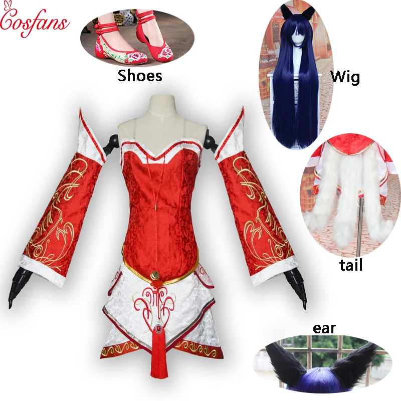 

LOL Ahri girl Cosplay Costumes The Nine-Tailed Fox Red Dress Women Adults Tops Skirts Wigs Set Halloween Cosplay and Headwear
