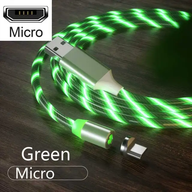 3 In1 Magnetic Current Luminous Lighting Charging Mobile Phone Cable Cle Usb C Cable LED Micro USB Type C for Iphone Huawei P50 For Micro Green