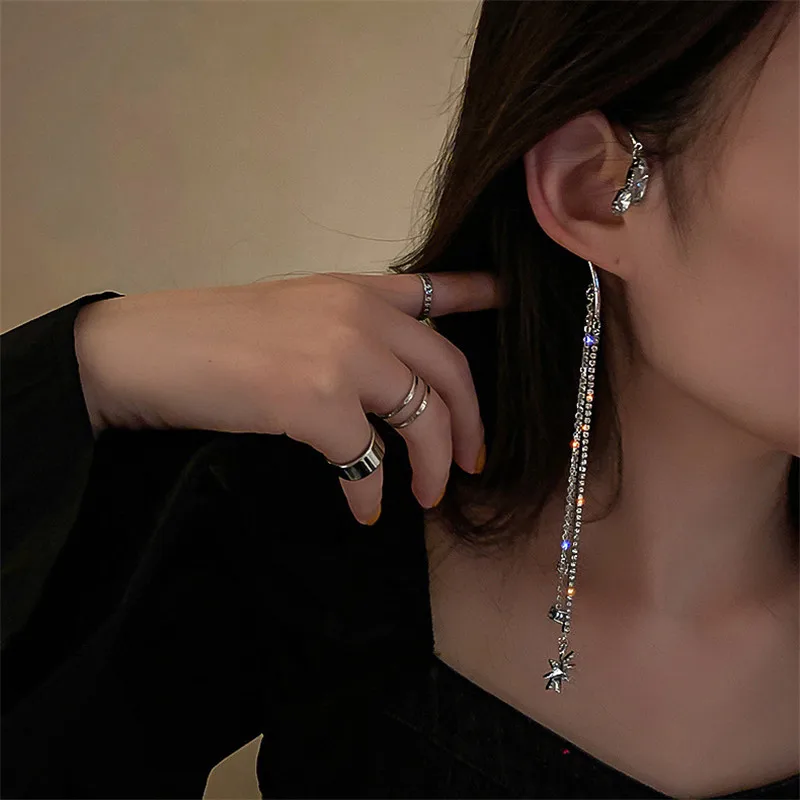 FYUAN Fashion Long Tassel Rhinestone Crystal Earrings Star Pendant Ear Clip Earrings for Women Wedding Party Jewelry - Image 4