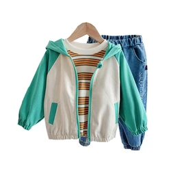 Vêtements de sport en coton pour enfants, nouvelle collection printemps automne pièces/ensembles, dessins animés pour bébés garçons et filles, sweat à capuche rayé, t shirt et pantalon 3 