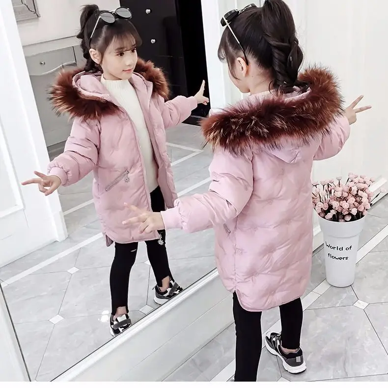Детская зимняя куртка для девочек, однотонное пальто с капюшоном и длинными рукавами милая теплая зимняя одежда для школьниц зимняя куртка флисовая куртка с рисунком - Цвет: pink snow