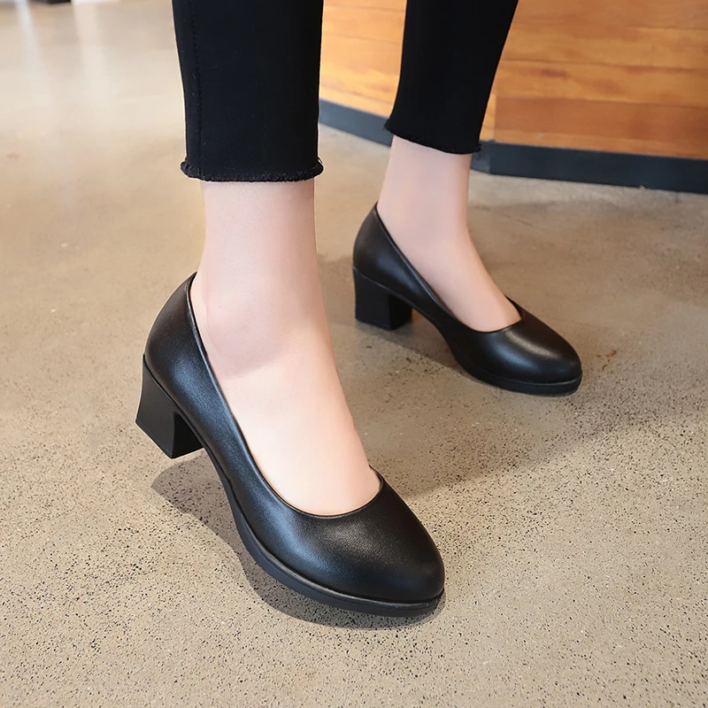 

WDHKUN office lady classic black leather pumps 2020 spring 5cm square heels slip on working shoes woman casual all match sandals