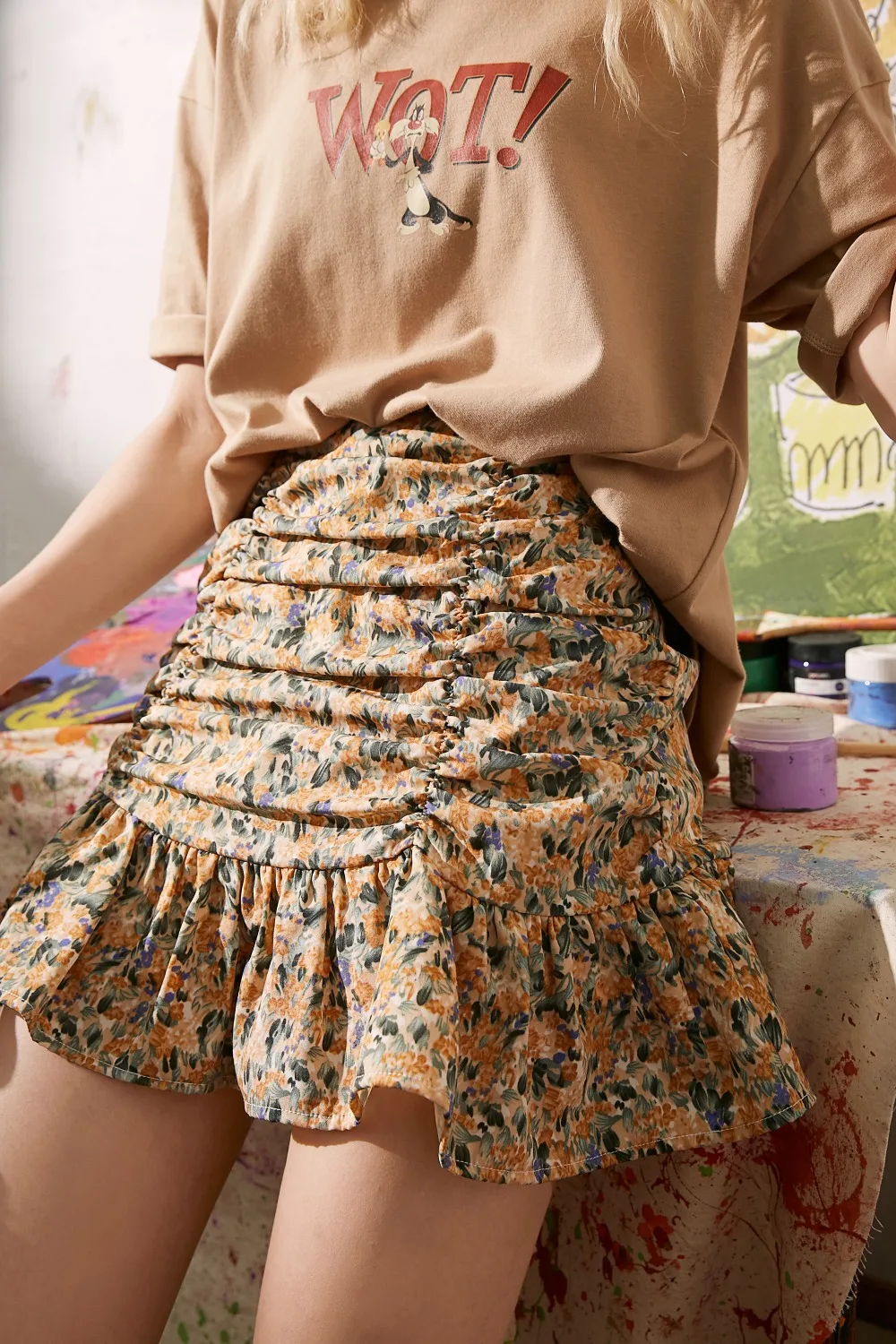 ELFSACK Yellow Oil Painting Floral Print A Line Women Ruffle Skirts 2020 Summer ELF Purple High Waist Korean Girly Holiday Skirt