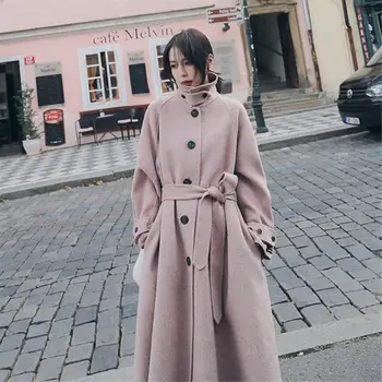 

2019 New Korea Style Pink Cashmere Outwear Long Turn-Down Collar Adjustable Waist Winter Woolen Women Coat