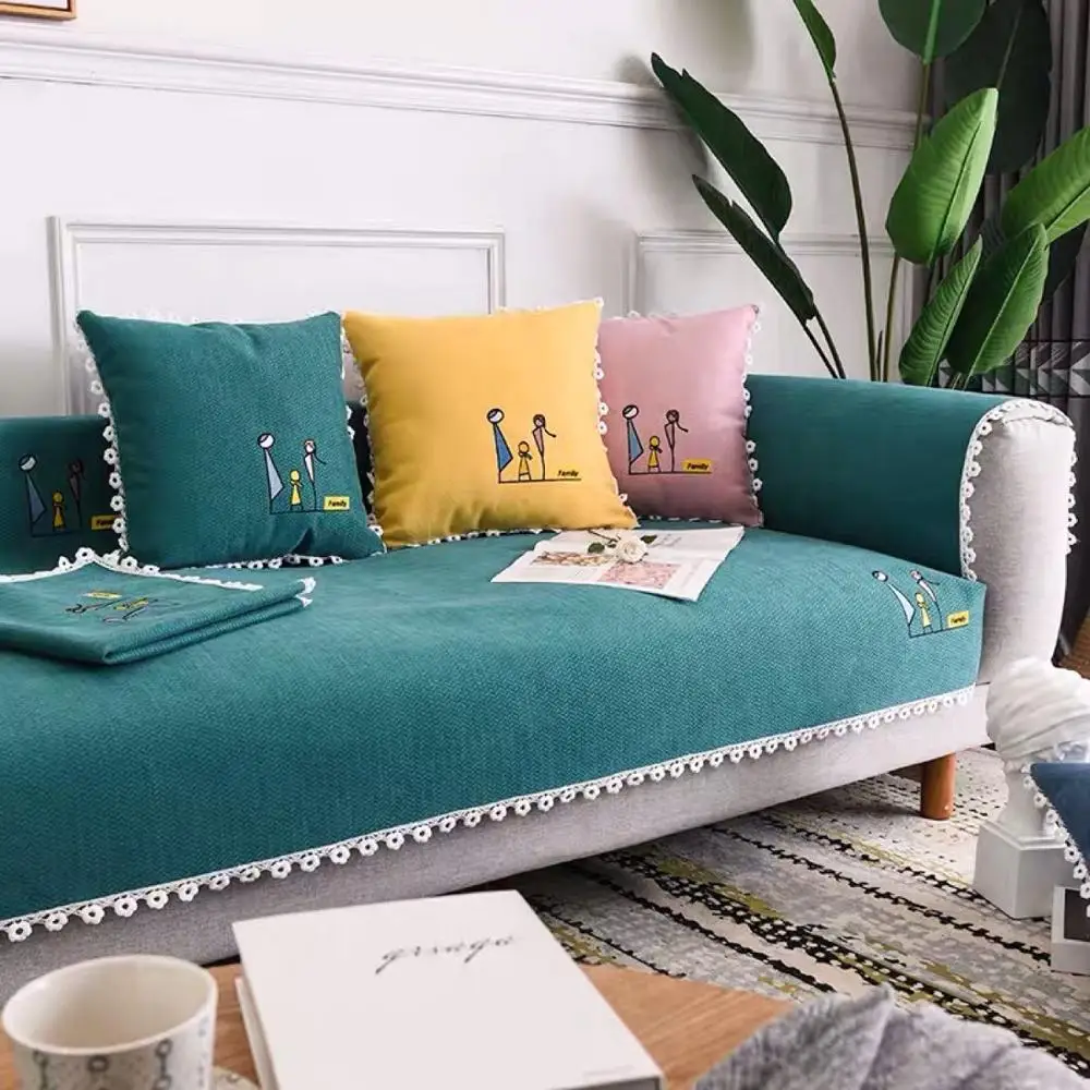 Modern Chenille sofa cushion Fabric non-slip towel embroidery cartoon pattern cover custom made soild color slipcover | Дом и сад