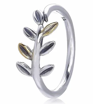 

Authentic 925 Sterling Silver Ring Golden Shine Tree Leaves Rings For Women Wedding Party Gift Fine Jewelry