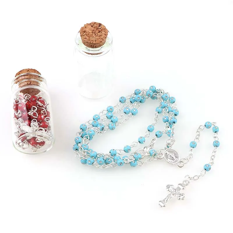

75pcs 4mm Wishing Bottle Colorful Rosary Beads Necklace With JESUS Cross Pendant Charms For Catholic Religious Jewelry Gift