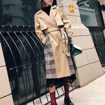 

New Fashion Women Fall Khaki Long Trench Button Green Pleated Plaid Patchwork Overcoat Long Sleeve Turn-Down Trench