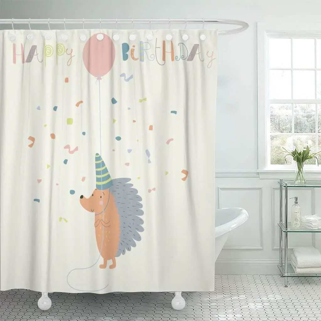 Baby Birthday Cute Hedgehog Holding Balloon In Cartoon Woodland Shower Curtain Waterproof Fabric 72 X 72 Inches Set With Hooks