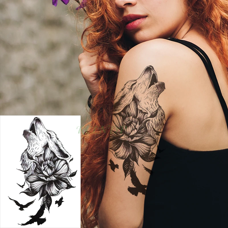 Водостойкая временная татуировка наклейка ревущая голова Волка Птица Животное цветок тату черный флэш-тату поддельные большие татуировки для мужчин и женщин