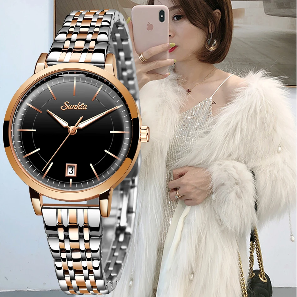 

SUNKTA Rose Gold Watch Women Watches Stainless Steel Ladies Women Watch Women 2020 Luxury Brand Fashion Reloj Mujer + Bracelet