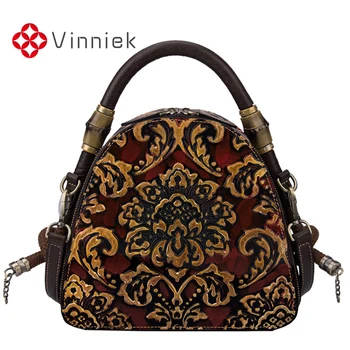 

New Genuine Leather Handbags for Women Vintage Embossed Flower Shoulder Bag Lady Soft Leather Versatile Retro Round Bags Design