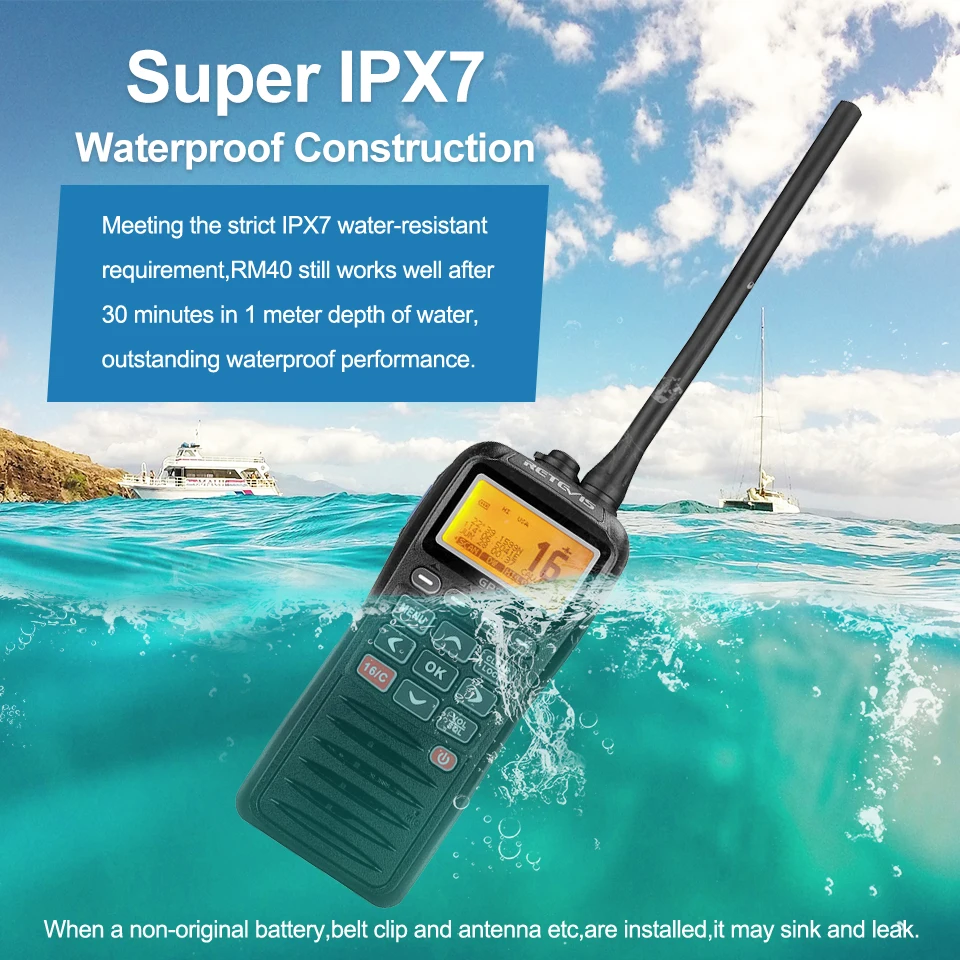 Retevis RM40 VHF Marine Radio IPX7 Waterproof Two Way Radio Communicator GPS DSC MOB Float Alarm Walkie Talkie LCD 5W Marine HT 2