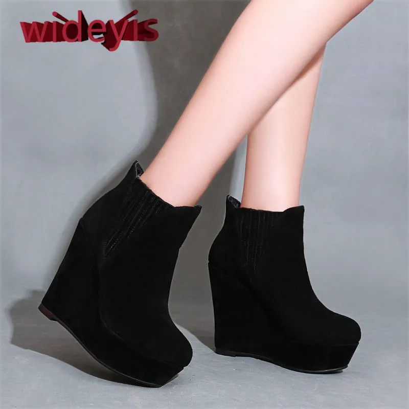 Shoes woman WIDEYIS winter boots women's ankle high slope with new platform round head fashion leather boots / size 33-39