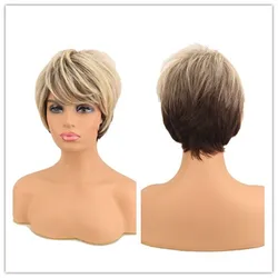 SuQ Women's Short Blonde Wig Synthetic Natural Hair Mixed Brown Black Party Pixie Cut Straight Heat Resistant Wigs For Women